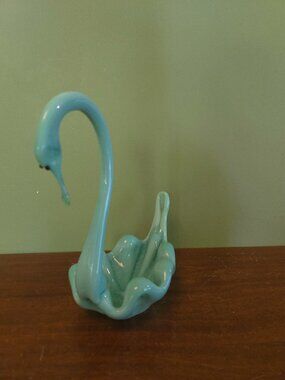 Vintage Sooner Glass Green Slag Swirl Art Glass Swan Dish MCM Console Bowl 1960s